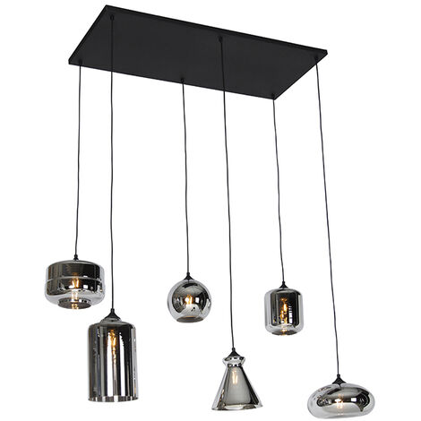 QAZQA Art Déco Lámpara colgante Art Deco negra con cristal ahumado 6 luces - Wallace Vidrio /Acero Alargada Adecuado para LED Max. 6 x 60 Watt