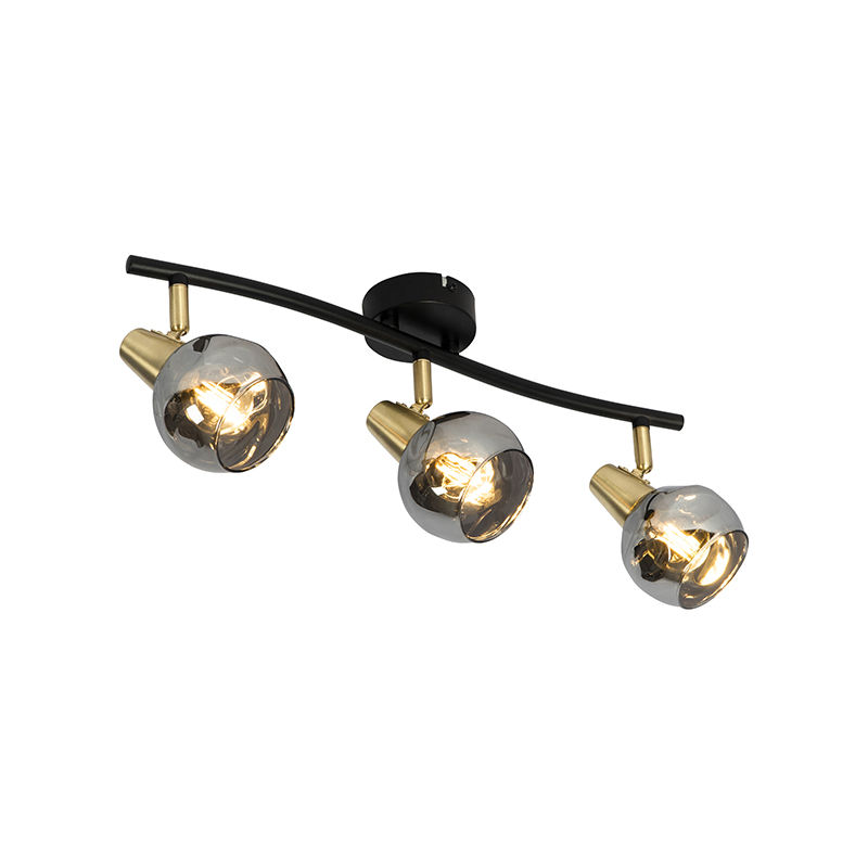 

Qazqa - Art Déco Plafón Art Déco negro/oro 56cm cristal ahumado 3-luces - VIDRO Vidrio /Acero Alargada Adecuado para LED Max. 3 x 25 Watt