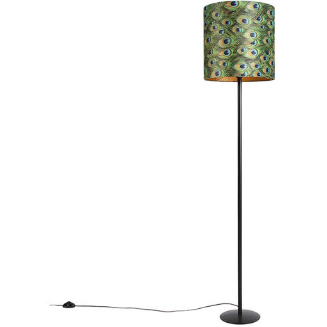 QAZQA Black Floor Lamp with Velvet Lampshade Peacock Gold 40 cm -