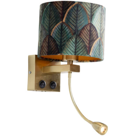 QAZQA Clásico/Antiguo Lámpara de pared bronce con pantalla de terciopelo diseño hoja e interior dorado - Brescia Combi Acero /Terciopelo /Textil Redonda /Cuadrada Incluye LED Max. 1 x 1 Watt