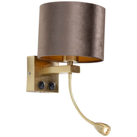 QAZQA Clásico/Antiguo Lámpara de pared bronce con pantalla de terciopelo marrón 18cm - Brescia Textil /Acero /Terciopelo Redonda Adecuado para LED Max. 1 x 60 Watt