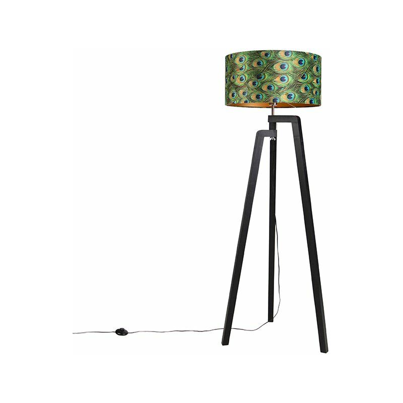 

QAZQA Clásico/Antiguo Trípode negro pantalla pavo real/oro 50cm - PUROS Madera /Textil Cilíndra /Alargada /Rectangular Adecuado para LED Max. 1 x 60