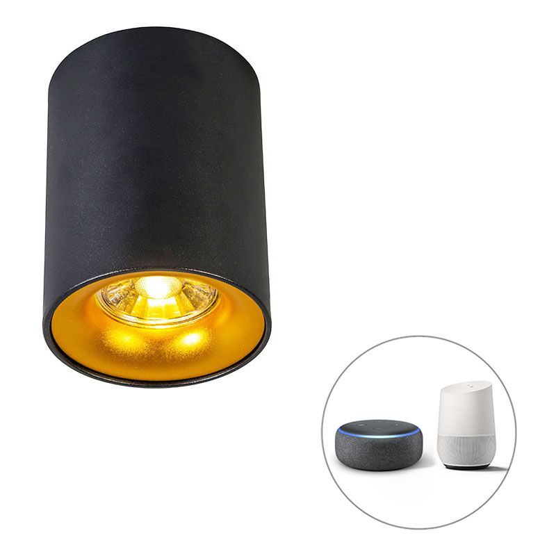 

QAZQA + Diseño Foco negro dorado bombilla-WiFi GU10 - RONDA Acero Cilíndra Adecuado para LED Max. 1 x 5 Watt