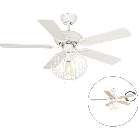 QAZQA Diseño Ventilador de techo blanco con tirador - Mistral Johanna Acero /Madera Redonda Adecuado para LED Max. 1 x 60 Watt - Blanco