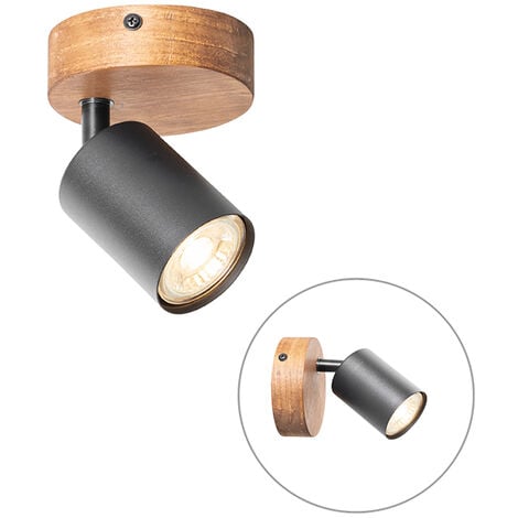 QAZQA Faretto da soffitto/parete jeana - Industriale - Acciaio,Legno - Nero/Marrone - Tondo Max. 1 x Watt
