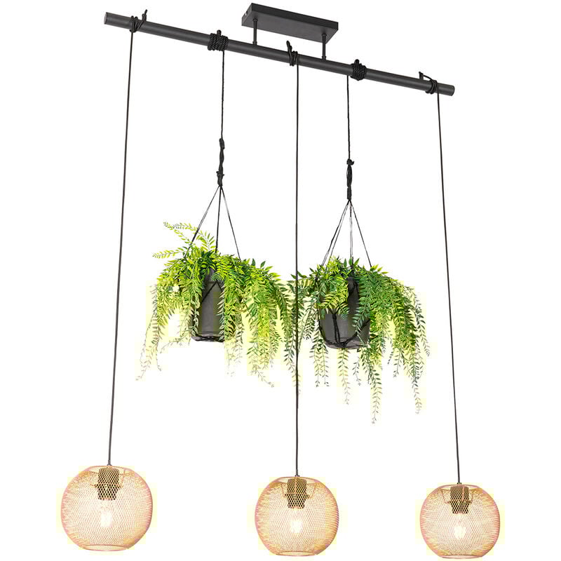 Flor - Suspension multiples - 3 lumière - l 100 cm - Noir et Or - Rustique - éclairage intérieur - Salon i Chambre i Cuisine i Salle à manger - Qazqa