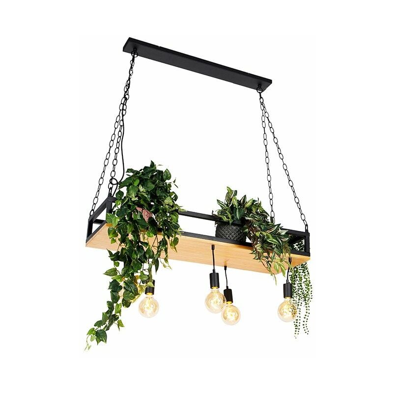 

QAZQA Industrial Lámpara colgante industrial negra madera 5-luces - SHELF /Acero Rectangular /Alargada Adecuado para LED Max. 5 x 60 Watt