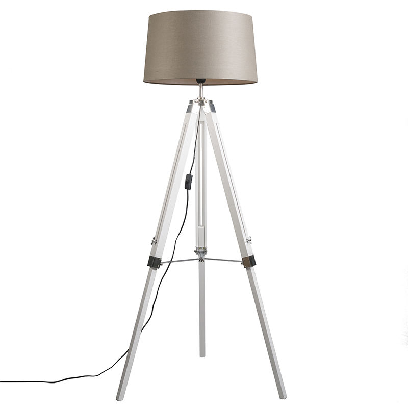 

QAZQA Industrial Trípode rústico blanco pantalla lino gris visón 45cm - TRIPOD Madera /Metálica /Textil Alargada Adecuado para LED Max. 1 x 25 Watt