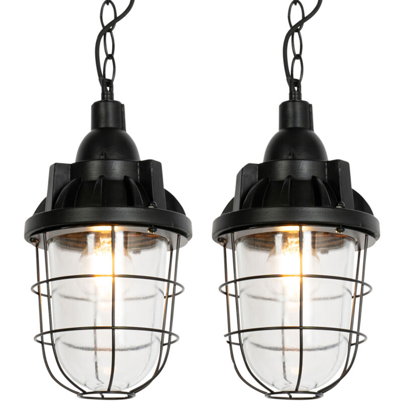 

QAZQA Industrial Set de 2 lámparas colgantes negras CABIN Vidrio /Acero /Piedra/cemento Alargada /Redonda Adecuado para LED Max. 1 x 40 Watt