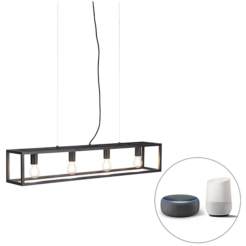 

QAZQA + Industrial Lámpara colgante industrial negra 4-bombillas-WiFi-E27-A60 - CAGE 4 Acero Rectangular Adecuado para LED Max. 4 x 7 Watt