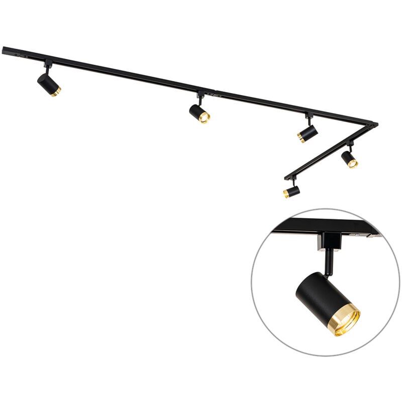 Qazqa - jeana - Système sur rail spot luminaire plafond, plafonnier compatible pour led - 5 lumière - l 300 cm - Noir et Or - Moderne - éclairage