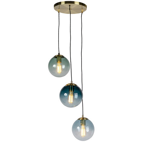 QAZQA + Lampada a sospensione pallon - Art déco - Vetro,Acciaio - Verde/Blu/Oro/Ottone - Sfera/Oblungo Max. 3 x Watt - Legno