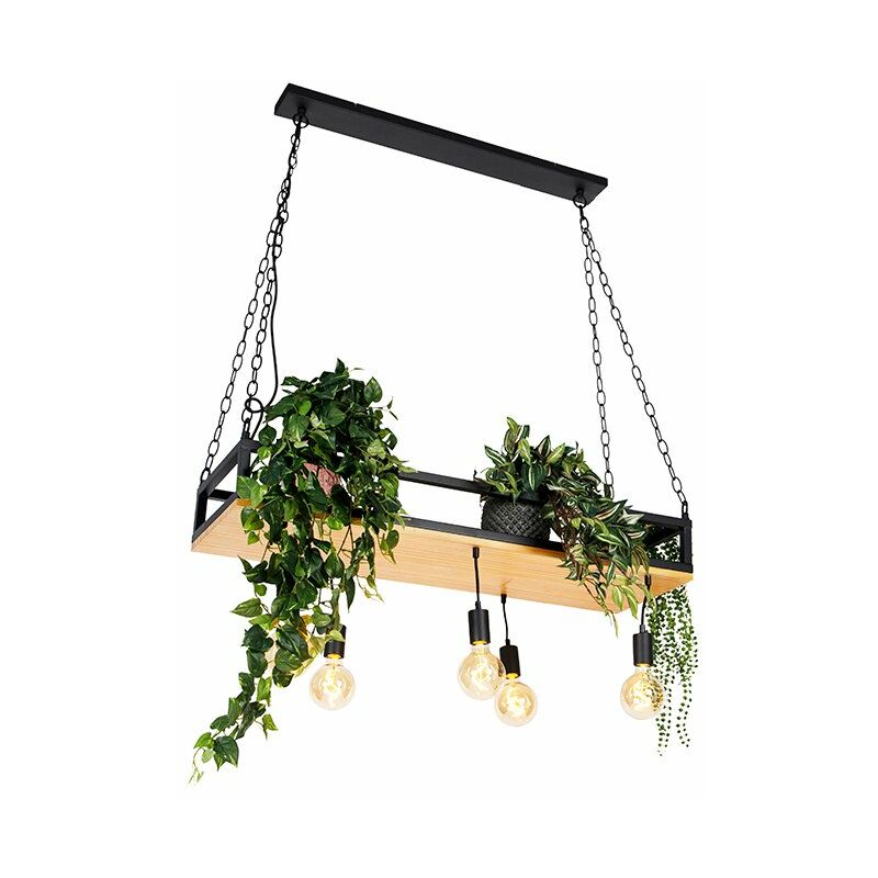 Lampada a sospensione tavolo soggiorno shelf - Industriale - Legno,Acciaio - Nero/Marrone - Allungato/Oblungo Max. 5 x Watt - Qazqa