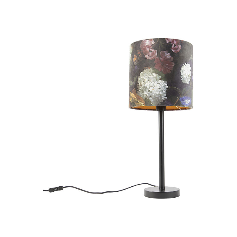 Image of Qazqa - Lampada da tavolo con paralume simplo - Moderno - Acciaio,Tessuto - Nero/Stampa a fiori - Cilindro Max. 1 x Watt - Stampa a fiori