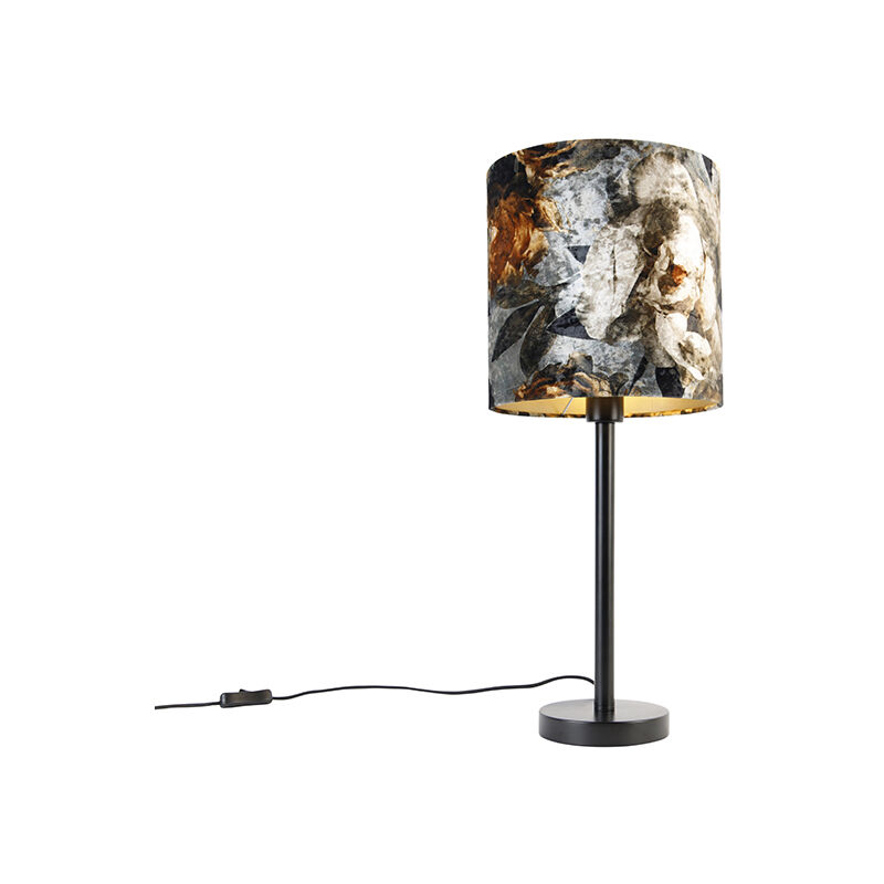 Image of Qazqa - Lampada da tavolo con paralume simplo - Moderno - Acciaio,Tessuto - Stampa a fiori/Nero - Cilindro Max. 1 x Watt - Stampa a fiori