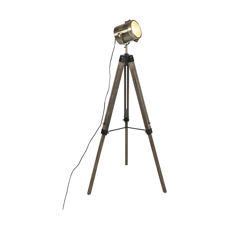 Image of Lampada da tavolo tripode Braha - Industriale - Legno,Acciaio - Ottone/Marrone - Oblungo Max. 1 x Watt - Marrone - Qazqa