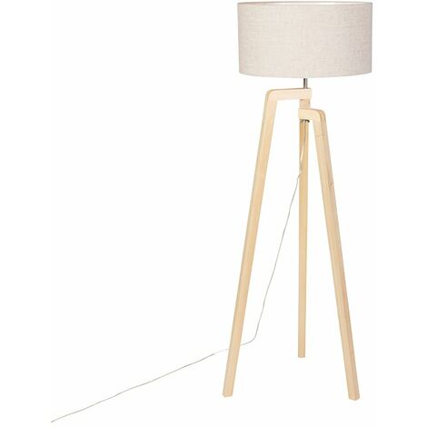 QAZQA Lampada da tavolo tripode puros - Moderno - Legno,Tessuto - Grigio/Marrone - Tondo Max. 1 x Watt