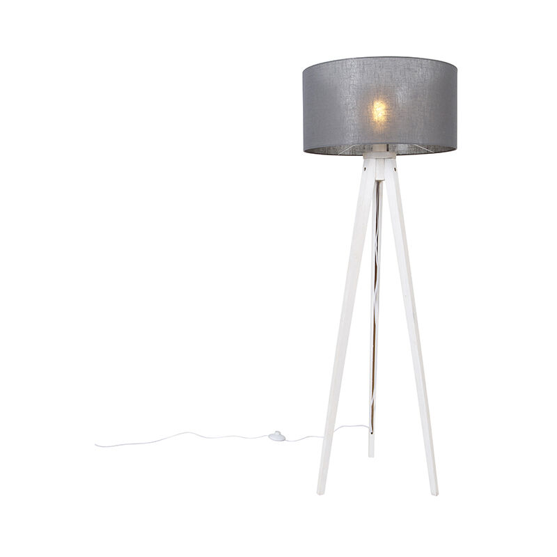 Image of QAZQA Lampada da tavolo tripode tripodclassic - Moderno - Legno,Tessuto - Grigio/Bianco - Tondo Max. 1 x Watt - Grigio