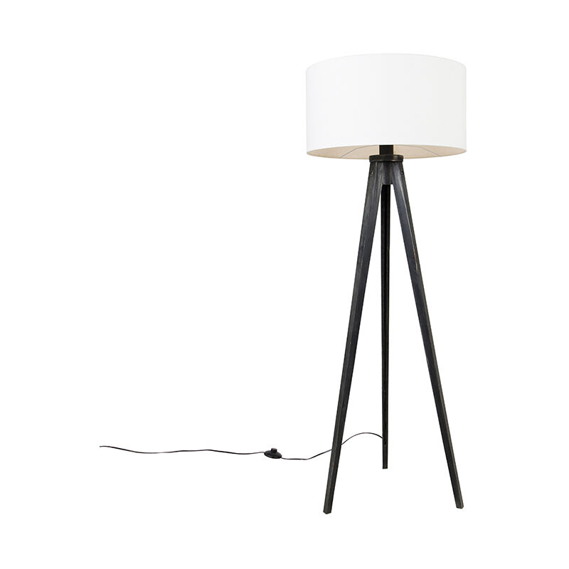 Image of QAZQA Lampada da tavolo tripode tripodclassic - Moderno - Legno,Tessuto - Nero/Bianco - Tondo Max. 1 x Watt - Bianco