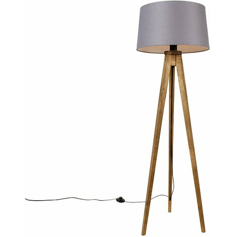 QAZQA Lampada da tavolo tripode tripodclassic - rustico - Legno,Lino,Tessuto - Grigio/Marrone - Oblungo Max. 1 x Watt