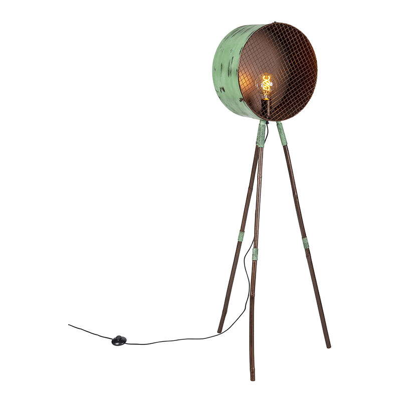 Image of Lampada da terra con paralume barrel - Retrò - Bamboo,Acciaio - Rame/Verde - Tondo Max. 1 x Watt - Verde - Qazqa