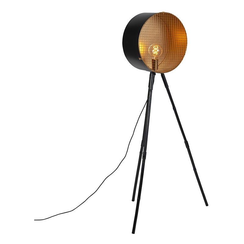 Image of Lampada da terra con paralume barrel fl - Retrò - Bamboo,Acciaio - Nero/Oro - Tondo Max. 1 x Watt - Nero - Qazqa