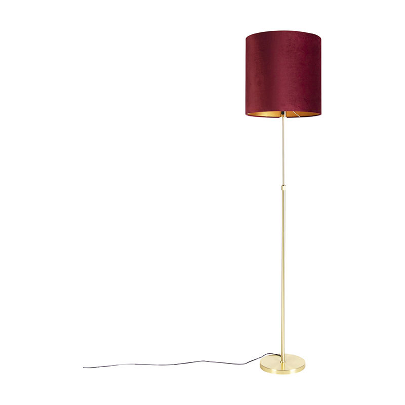 Image of Lampada da terra con paralume parte fl - Classico - Tessuto,Acciaio - Rosso/Oro/Ottone - Cilindro/Oblungo/Tondo Max. 1 x Watt - Qazqa