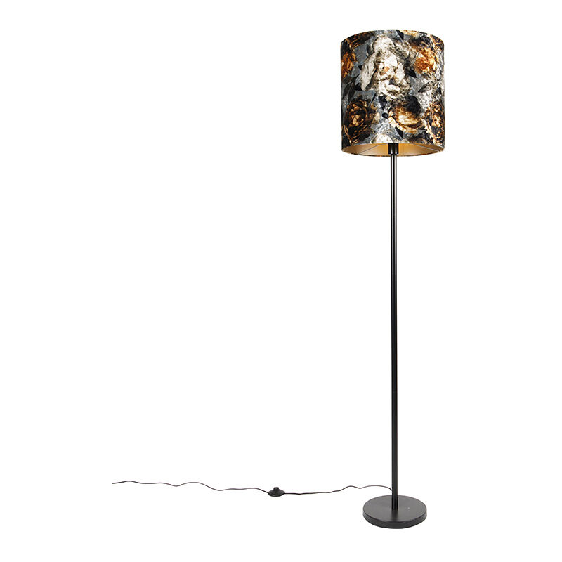 Image of Lampada da terra con paralume simplo - Classico - Acciaio,Tessuto - Nero/Stampa a fiori - Oblungo Max. 1 x Watt - Stampa a fiori - Qazqa