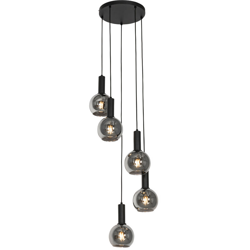 Lampe à suspension Art Déco noire avec verre fumé ronde 5 lumières - Josje - Qazqa