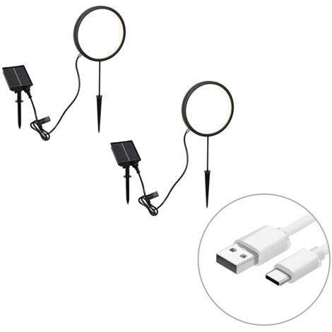 QAZQA Moderno Juego de 2 luces de suelo negras de 50 cm con LED recargable y solar IP65 - Adalind Acero /Plástico Redonda Incluye LED Max. 2 x 1.2 Watt