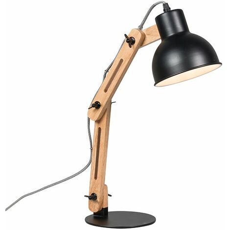 QAZQA Moderno Lámpara de mesa industrial negra con madera - Woodi /Acero Redonda Adecuado para LED Max. 1 x Watt
