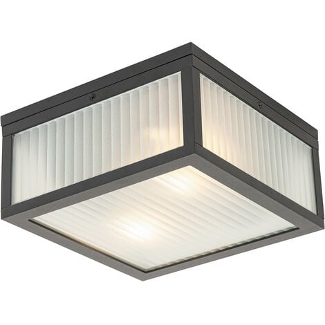 QAZQA Moderno Plafón de exterior negro con cristal acanalado 2-luces IP44 - Charlois Aluminio /Vidrio Cuadrada Adecuado para LED Max. 2 x 40 Watt