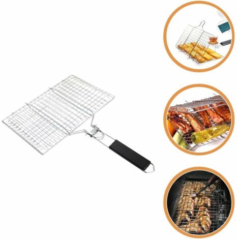 QAZQA Panier de barbecue - Panier de barbecue en acier inoxydable, panier de barbecue pliable avec poignée,  sac de rangement, grille de barbecue pour poisson, steak, légumes, crevettes (32 x 21.5cm)