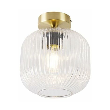 Qazqa – Plafonnier Art déco 1 lumière Ø 200 mm – Laiton et verre nervuré – Éclairage intérieur pour salon, chambre, cuisine, salle à manger