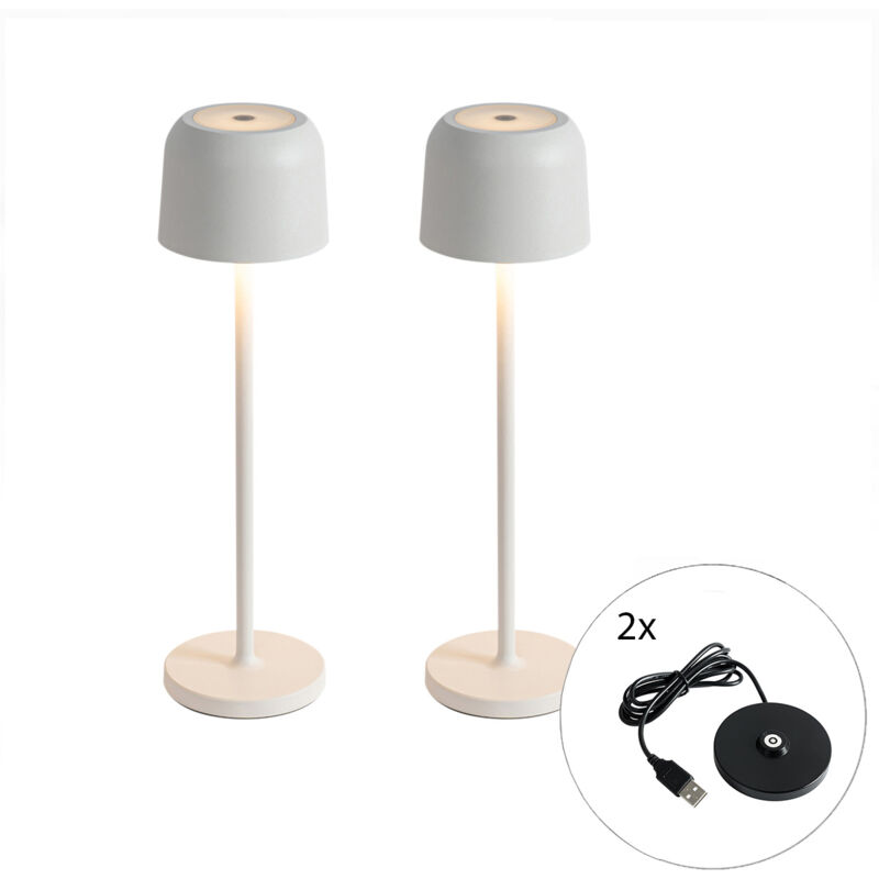 Qazqa - raika - led Dimmable Lampe de Table sans fil rechargeable usb tactile variateur inclus - 2 pièces - ø 7.5 cm - Blanc - Moderne - éclairage