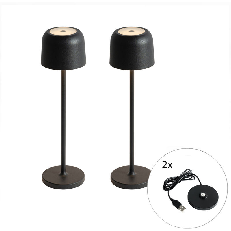 Qazqa - raika - led Dimmable Lampe de Table sans fil rechargeable usb tactile variateur inclus - 2 pièces - ø 7.5 cm - Noir - Moderne - éclairage