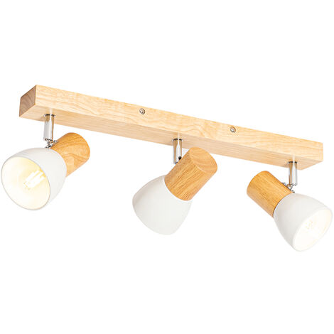 QAZQA Rústico Foco de techo de madera blanco regulable 3 luces - Thorin /Acero Rectangular Adecuado para LED Max. 3 x 40 Watt