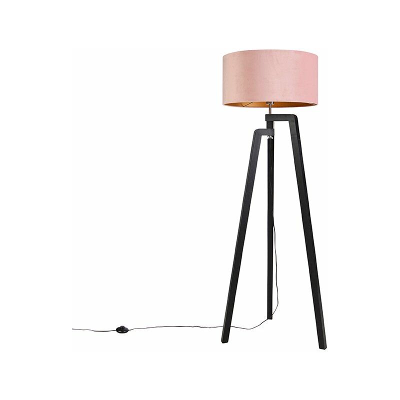 

QAZQA Rústico Trípode negro pantalla rosa/oro 50cm - PUROS Madera /Textil Cilíndra /Alargada /Rectangular Adecuado para LED Max. 1 x 60 Watt