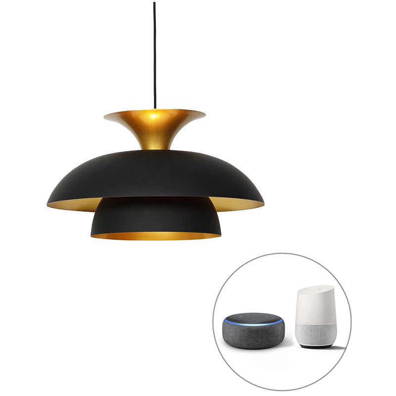 Titus - led Suspension avec Abat-Jour - 1 lumière - ø 50 cm - Noir et Or - Moderne - éclairage intérieur - Salon i Chambre i Cuisine i Salle à manger