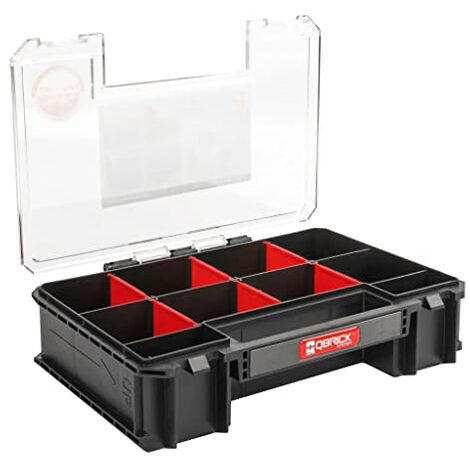 Qbrick – Boîte à outils organisateur 257x180x65mm – 10 compartiments – Polyamide technique et polycarbonate – Couvercle transparent résistant aux rayures