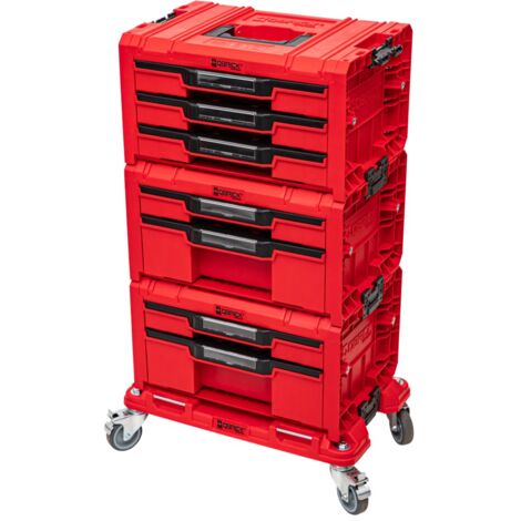Set d'atelier Qbrick System PRO Drawer 3 RED ULTRA HD – 2x boîte à outils 2.0 – 1x boîte à outils 3.0 – Plateau roulant 100 kg