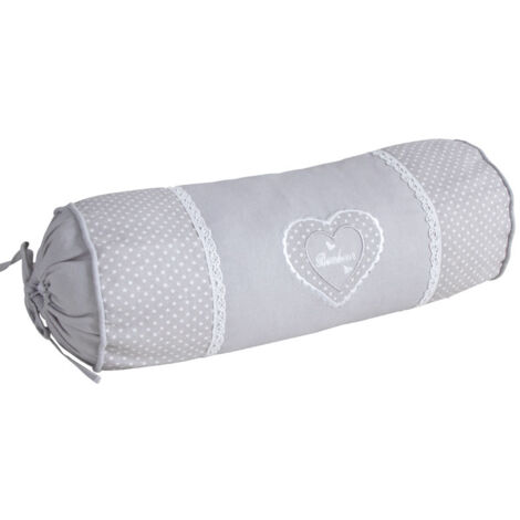 QEM – Coussin boudin gris 40cm en coton et lin – Motif cœur décoratif – Confort optimal pour intérieur – Diamètre 16cm