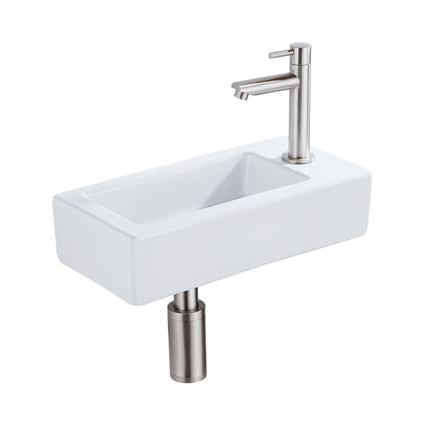 QeramiQ Fontein Fonteinset - 37.5x18.5x9cm - céramique - trou de robinet à droite - robinet lave-mains en inox brossé - bonde de vidage - siphon