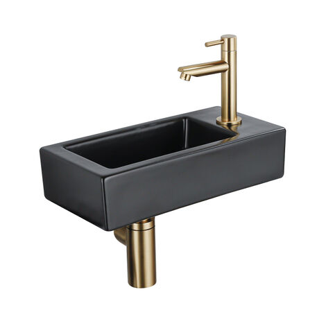 QeramiQ Fontein Fonteinset - 37.5x18.5x9cm - céramique - trou de robinet à droite - robinet lave-mains en laiton brossé - bonde de vidage - siphon