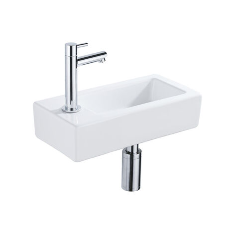 QeramiQ Fontein Fonteinset - 37.5x18.5x9cm - céramique - trou de robinet gauche - robinet lave-mains chrome - bonde de vidage - siphon abaissé - Blanc