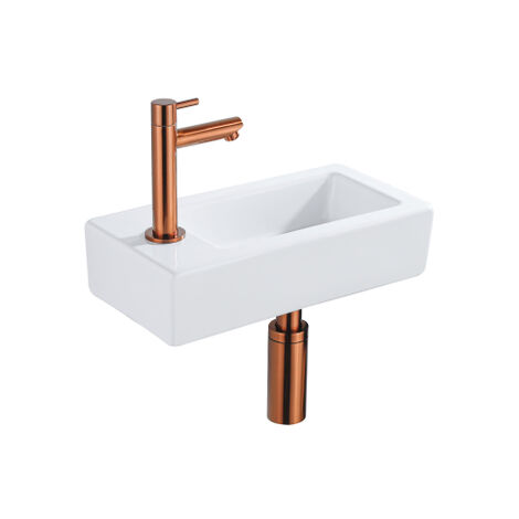 QeramiQ Fontein Fonteinset - 37.5x18.5x9cm - céramique - trou de robinet gauche - robinet lave-mains en cuivre brossé - bonde de vidage - siphon