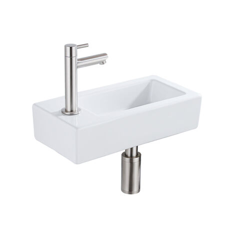 QeramiQ Fontein Fonteinset - 37.5x18.5x9cm - céramique - trou de robinet gauche - robinet lave-mains en inox brossé - bonde de vidage - siphon abaissé