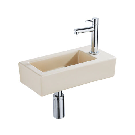 QeramiQ Lave-mains Kit lave-mains - 37.5x18.5x9cm - céramique - trou de robinet à droite - robinet lave-mains chrome - bonde de vidage - siphon