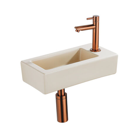 QeramiQ Lave-mains Kit lave-mains - 37.5x18.5x9cm - céramique - trou de robinet à droite - robinet lave-mains en cuivre brossé - bonde de vidage -