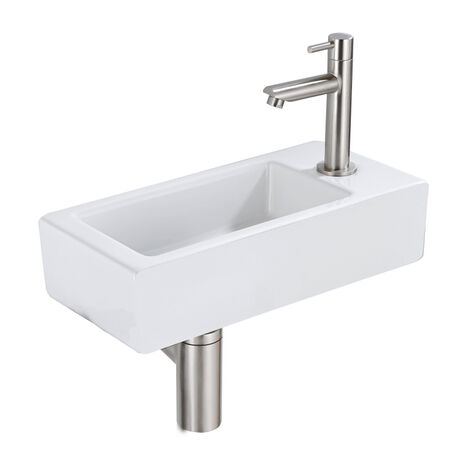 QeramiQ Lave-mains Kit lave-mains - 37.5x18.5x9cm - céramique - trou de robinet à droite - robinet lave-mains en inox brossé - bonde de vidage -